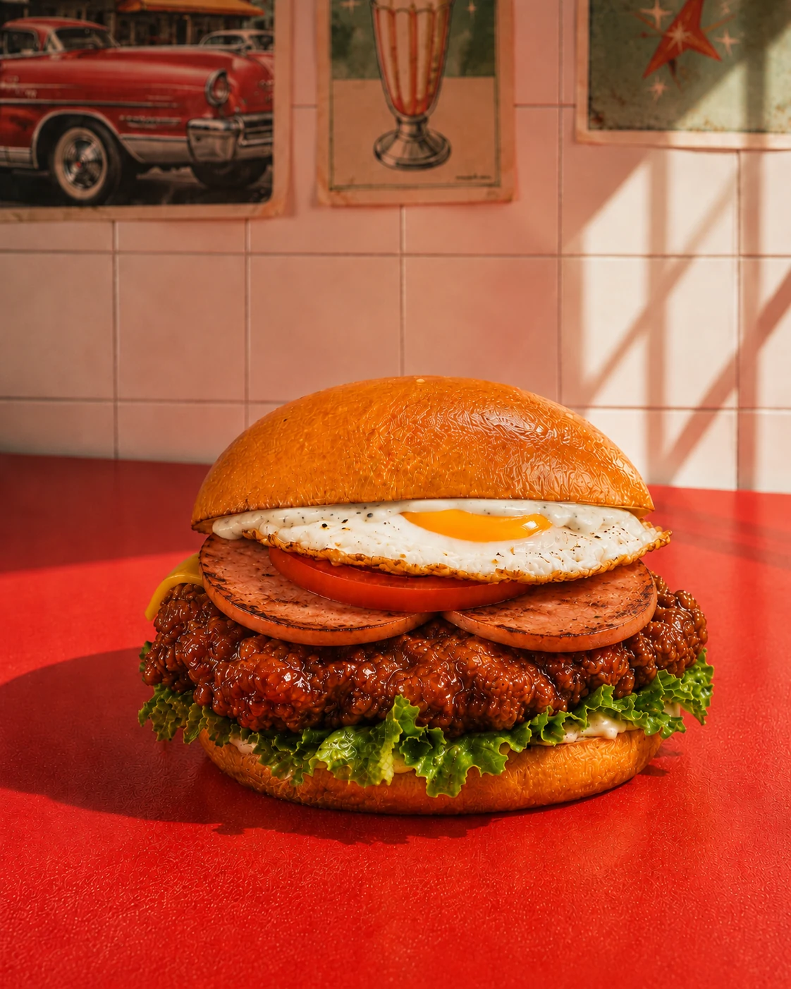 Grub Monkeys Korean Kong fried chicken burger on a red diner counter
