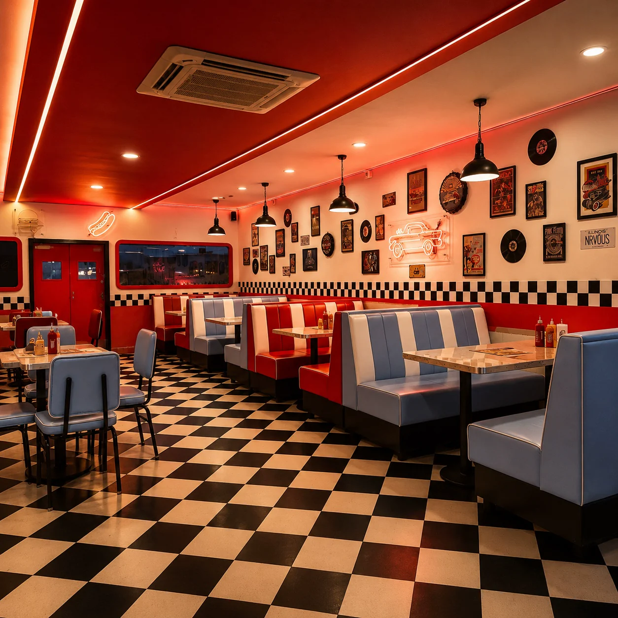 Retro American diner interior with checkerboard floor, red and blue booths, wall frames and neon lights